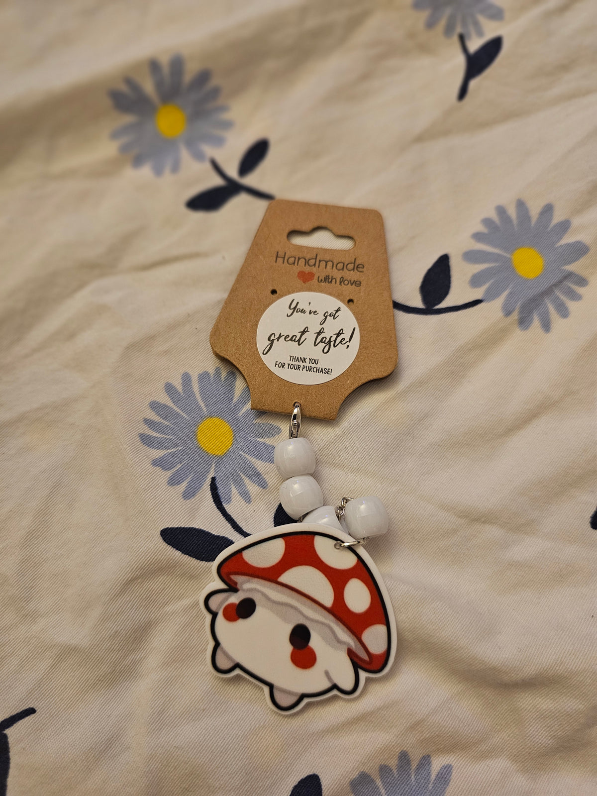 Mushroom keychain with white pony beads